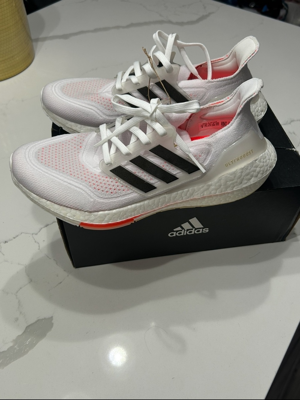 adidas Ultraboost Women's White with Black Stripes and Pink Accents